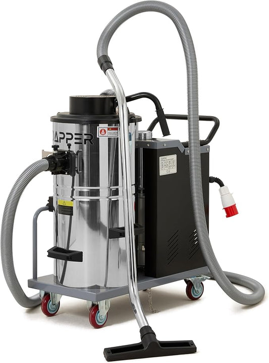 Industrial Wet/Dry Vacuum Cleaner with HEPA Filter, 24 Hour Operation, 7 Peak HP, 223.5 CFM, 14.5 Gallon Stainless Steel Tank, 220V 3-Phase — Ideal for Factories, Warehouses & Auto Shops