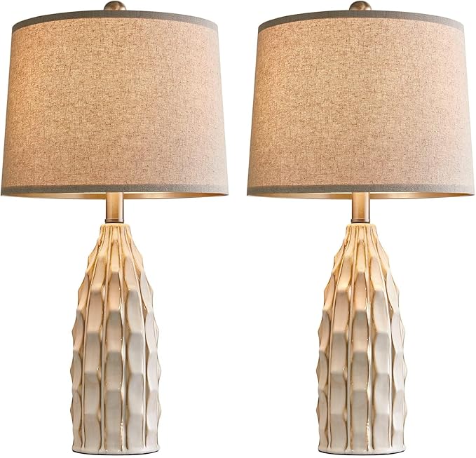 USumkky Ceramic Table Lamps Set of 2, 23.75" Modern Farmhouse Bedside Lamp - Cream Nightstand Lamps for Bedroom, Boho Living Room End Tables, Small Office Desk Lamp Decor
