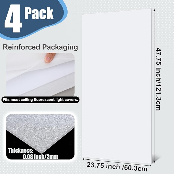 Pushglossy 4 Pack 23.75" x 47.75" x 0.08" Frosted Fluorescent Light Diffuser Panels, Translucent Polystyrene Sheet Replacement for 2x4ft Drop Ceiling Lights for Classroom Office Home