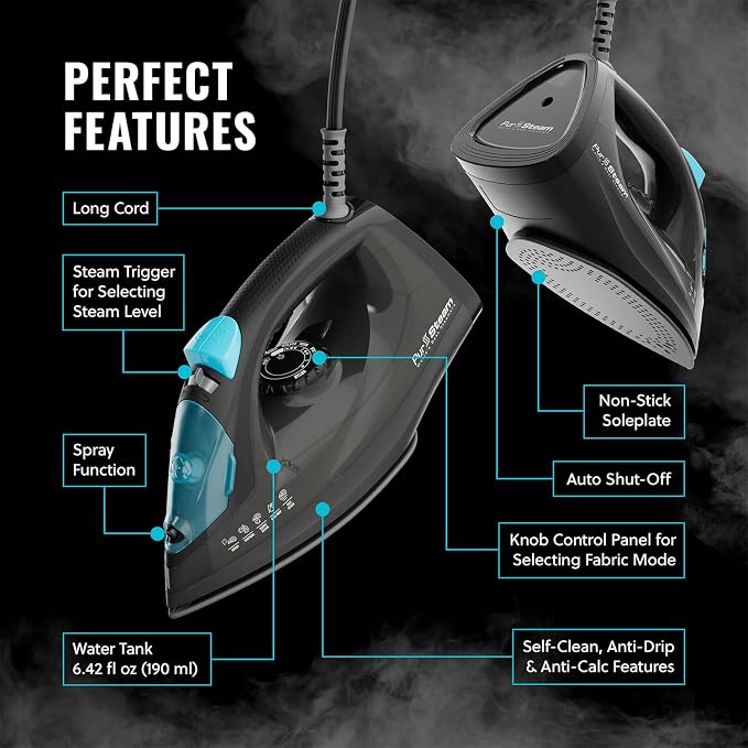 PurSteam Professional 1250W Steam Iron | Powerful Steamer with Burst of Steam & Spray | Non-Stick Soleplate, Easy Temperature Control & Auto Shut-Off
