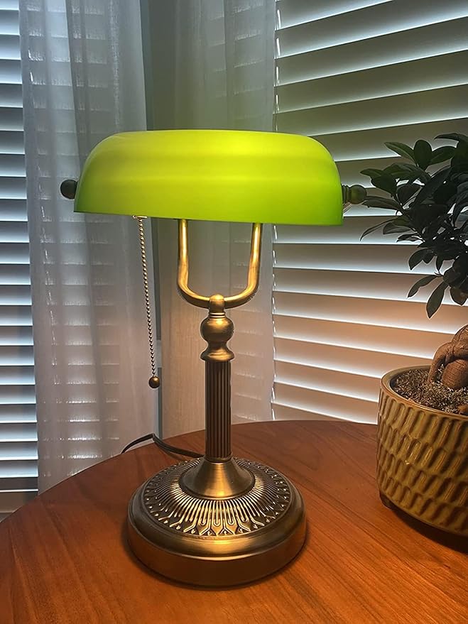Green Glass Bankers Desk Lamp with Pull Chain Switch Plug in Fixture