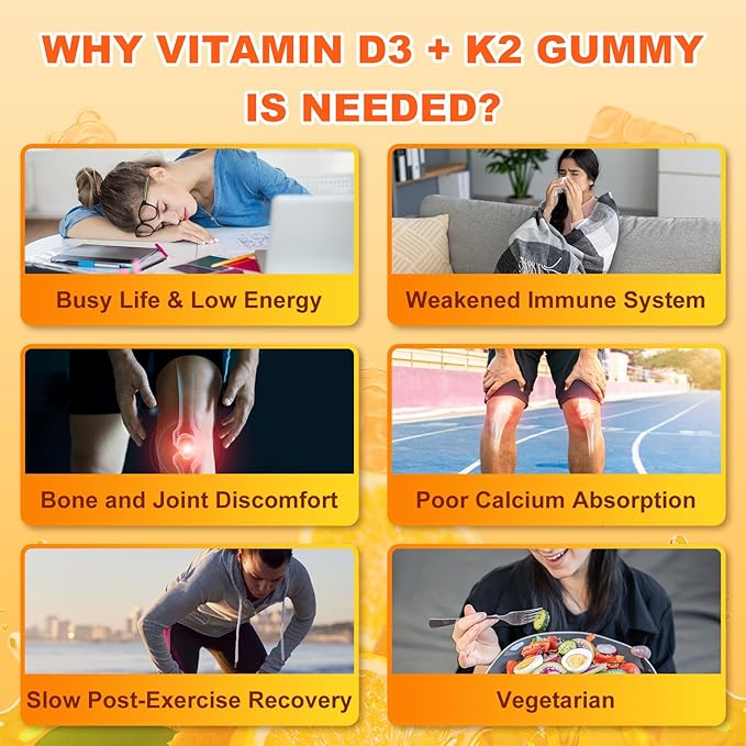Gummies Vitamine D3 K2 avec D3 10000 UI et K2 200 MCG, Supplément de Vitamine D 6-en-1 avec Magnésium, Zinc et Calcium pour le Soutien Osseux, Immunitaire et Énergétique, Sans Sucre, Arôme Orange, 120 Unités