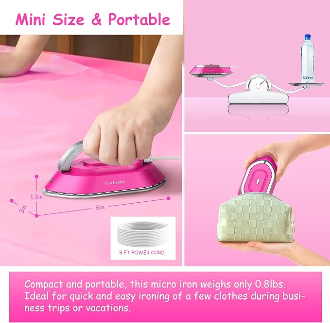 Newbealer Travel Iron Set, 100-240V Mini Dry Iron for Clothes (No Steam) | Max 300W, Heats in 60s, 302℉ Ceramic Soleplate, Handy Heat Press, 0.8lbs Lightweight for Quick Touch-ups Worldwide (Hotpink)