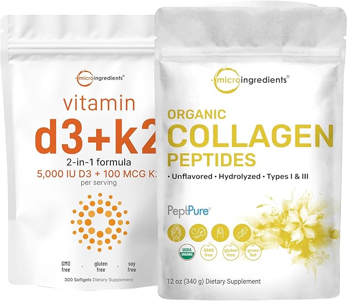 Lot de 2 gélules de vitamine D3 5 000 UI + K2 100 mcg et de poudre de peptides de collagène bio Micro Ingredients | Vitamines essentielles du soleil | Collagène bovin hydrolysé de type I et III