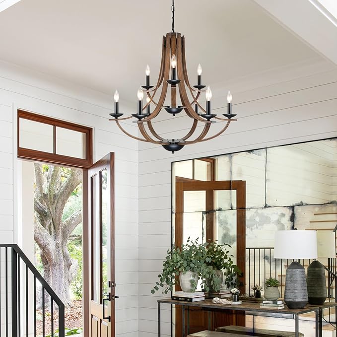 LAMPKEDUO Farmhouse Chandeliers for Dining Room Light Fixture, 2 Tier 9-Light 31" Black with Faux Wood Texture Rustic Adjustable Height Chandelier for Living Room Bedroom Foyer Entryway