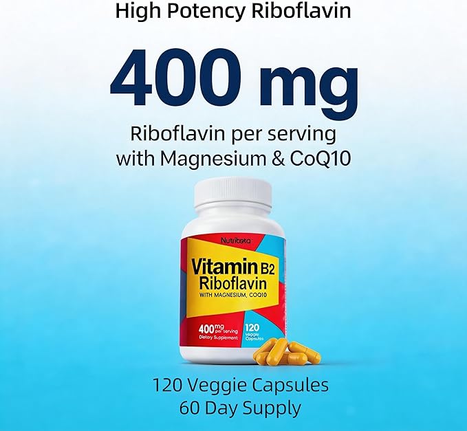 ビタミンB2リボフラビン400mg、マグネシウム＆CoQ10配合、高効能ビタミンB2サプリメント、エネルギー代謝と毎日の健康維持に、植物性カプセル120粒、60日分
