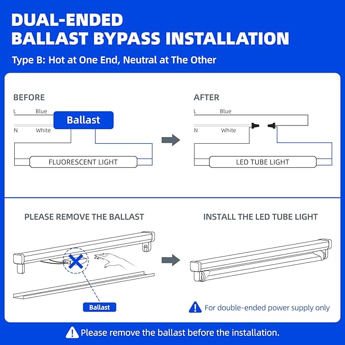 Barrina 4FT LED T8 Type B Light Tube, 24W, 3500LM, 6000K Bright Light, Ballast Bypass, 4 Foot T8 Fluorescent Replacement Tube, Dual-End Powered, T8 T10 T12 LED Replacement, Frosted Cover, 16 Packs