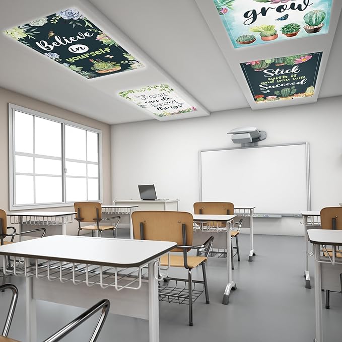 8 Pcs Fluorescent Light Covers with 80 Magnets Decorative for Classroom Ceiling Lights 4 x 2 Feet Magnetic Light Cover Filter Easy Install for Office Hospitals Drop Home Ceiling Supplies (Succulent)