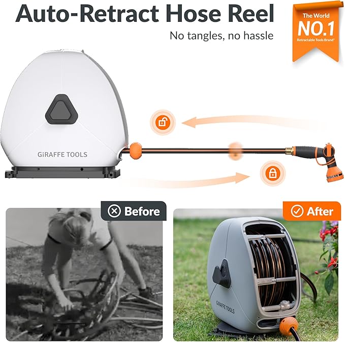 Giraffe Tools Retractable Heavy Duty Hose Reel, 5/8" x 92FT Automatic Rewind Garden Hose Reel with 360° Swivel Base, Ground Mounted for Lawn, Patio, Concrete Floor & Yard Watering