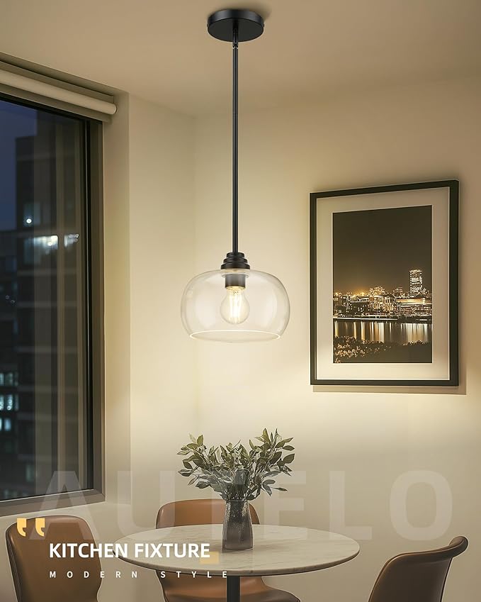AUTELO Black Pendant Lights Kitchen Island, 1-Light Pendant Lights in Black Finish with Clear Glass, Modern Pendant Light Fixtures, Hanging Lamp for Kitchen Island H9385 BK-R