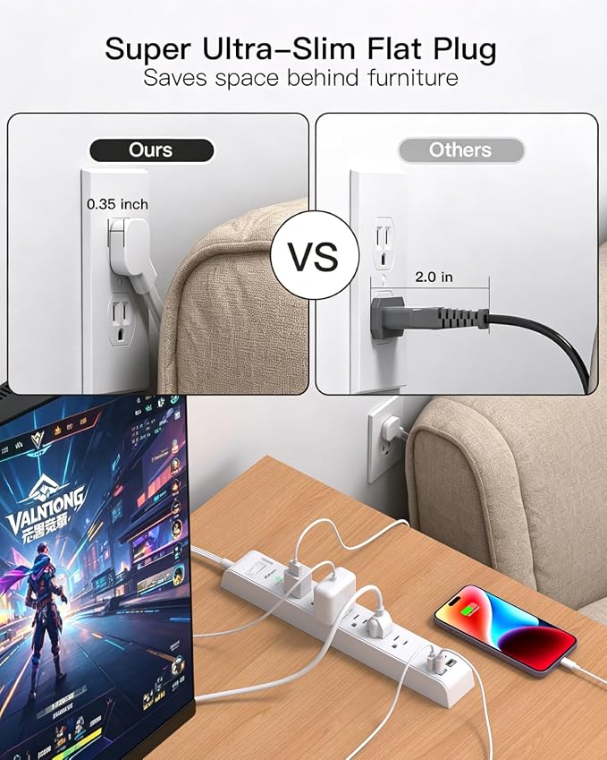 2 Pack Extension Cord 15FT, Power Strip Surge Protector with 6 Outlets and 4 USB Ports (2 USB C), Flat Plug Overload Protection, Extension Cord with Multiple Outlets, Wall Mount for Home Dorm College