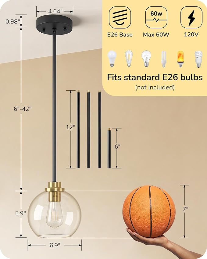 EDISHINE Mid Century Kitchen Pendant Lighting Over Island 2 Pack, Clear Glass Globe Shade, Hardwired Black and Gold Adjustable Hanging Light Fixtures for Dining Room, Entryway
