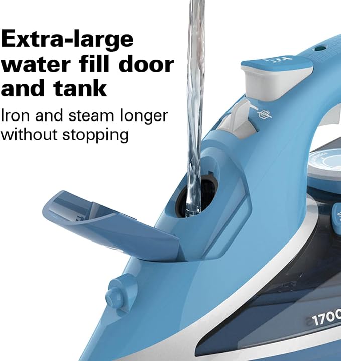 Hamilton Beach Steam Iron for Clothes & Garment Steamer with Durable Stainless Steel Soleplate, 1700 Watts for Ultra-Fast Heat, 8’ Retractable Cord, Auto Shutoff, 350 ml Water Tank, Blue (14216)