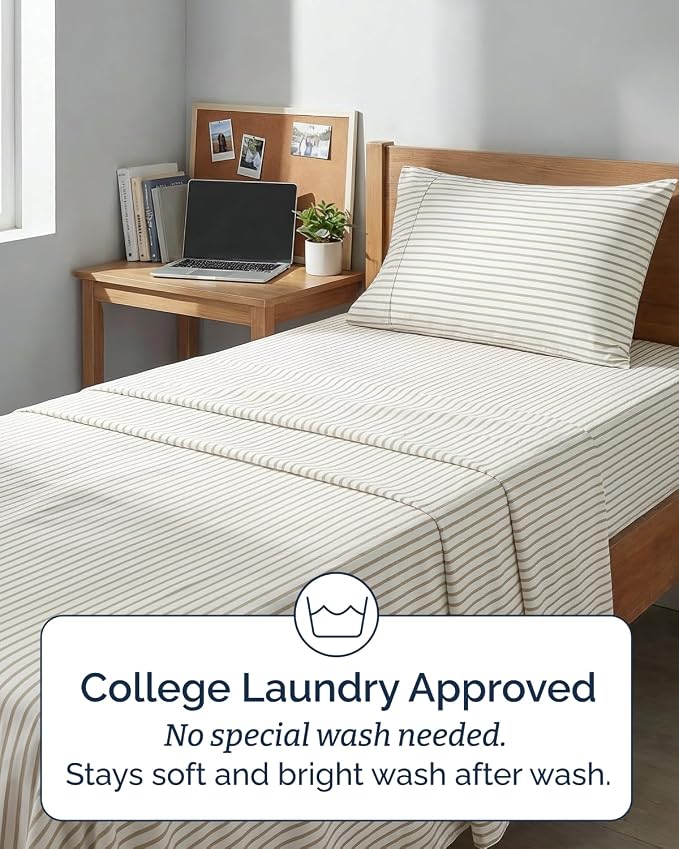 Twin XL 4 Piece Sheet Set - Comfy Breathable & Cooling - Soft Hotel Luxury Bedding Set w/ 8-16 Inch Deep Pockets - 1 Flat & 1 Fitted Sheet & 2 Pillowcases - Wrinkle Free & Easy Care - Beige Stripes 2