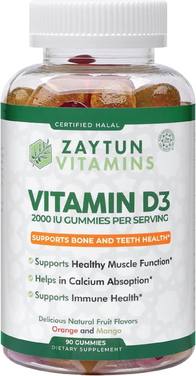 Zaytun Halal Vitamin D3 2000 IU Gummies, Supports Bone & Immune Health, Promotes Muscle Function, Gluten & Gelatin Free, 90 Natural Fruit Flavor Gummies, Made in USA - Halal Vitamins
