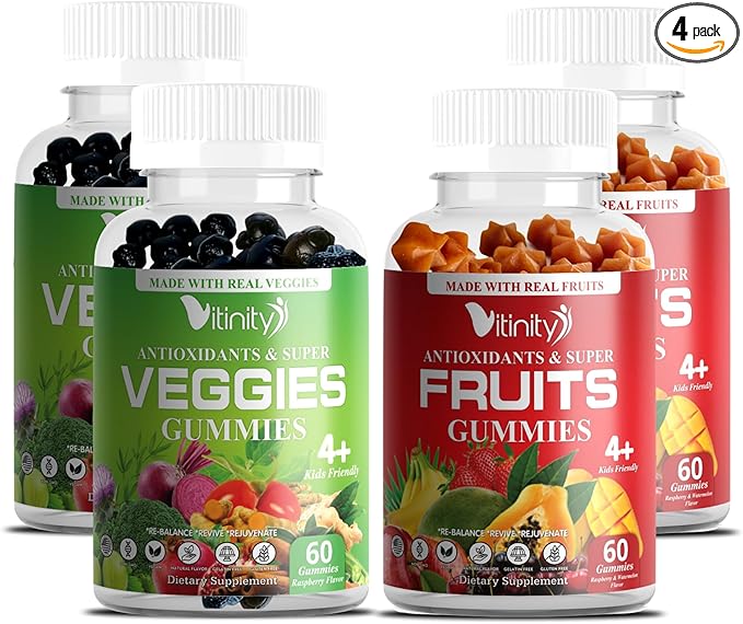 VITINITY Gummies aux vrais fruits et vrais légumes - Complément vitaminique superaliment pour femmes, hommes et enfants - avec un mélange de fruits et légumes verts pour la santé quotidienne (approvisionnement de 60 jours)
