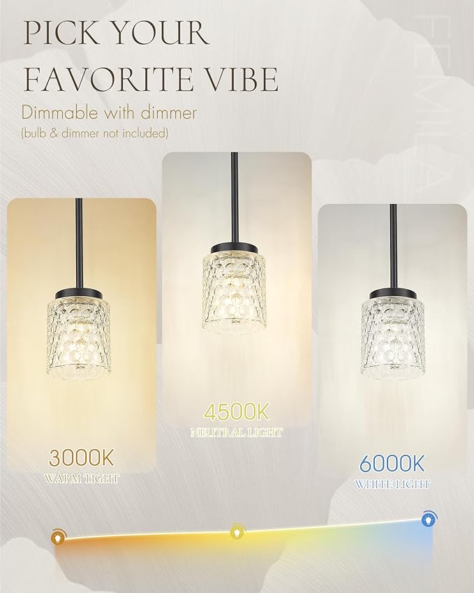 FEMILA 4" Black Pendant Light, Hammered Glass Chandelier, Dining Room Light Fixtures Over Table, 4FY86MIL-3PK BK