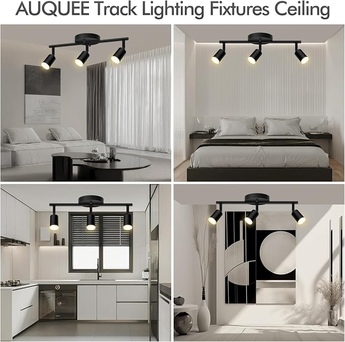 AUQUEE 3 Light Track Lighting Fixtures Ceiling, 12W/2700K Black Track Lighting with Acrylic Lampshade & Rotatable Light Heads, 20000hrs Lifespan, Modern LED Track Lights Ceiling for Kitchen/Hallyway