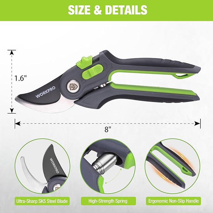 WORKPRO Bypass Pruning Shears for Gardening, 8" Garden Scissors with Dual-Size Opening for Thin & Thick Branches, Garden Clippers with Sharp SK5 Steel Blades for Pruning, Cutting and Fruit Picking