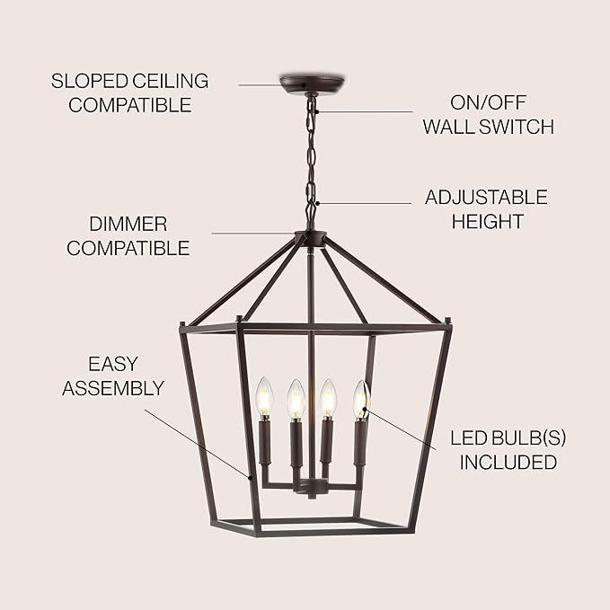 JONATHAN Y 16" Oil Rubbed Bronze Lantern Pendant Light, 4-Light Pagoda Style Metal Cage Farmhouse Hanging Ceiling Fixture for Kitchen Island, LED Bulb Included (JYL7437A)