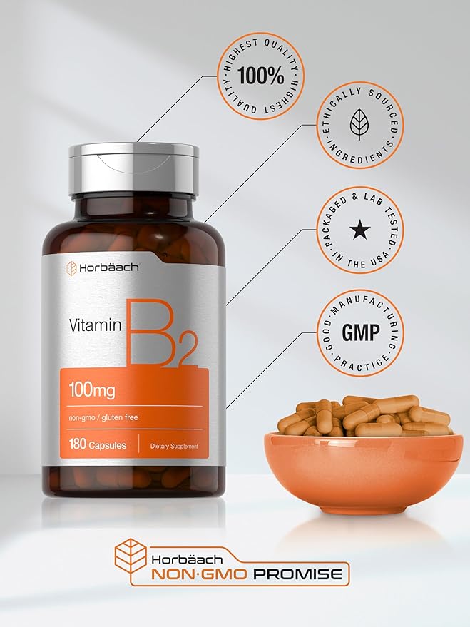 Horbäach Vitamine B2 100 mg | 180 Capsules | Supplément de Riboflavine | Sans OGM et Sans Gluten