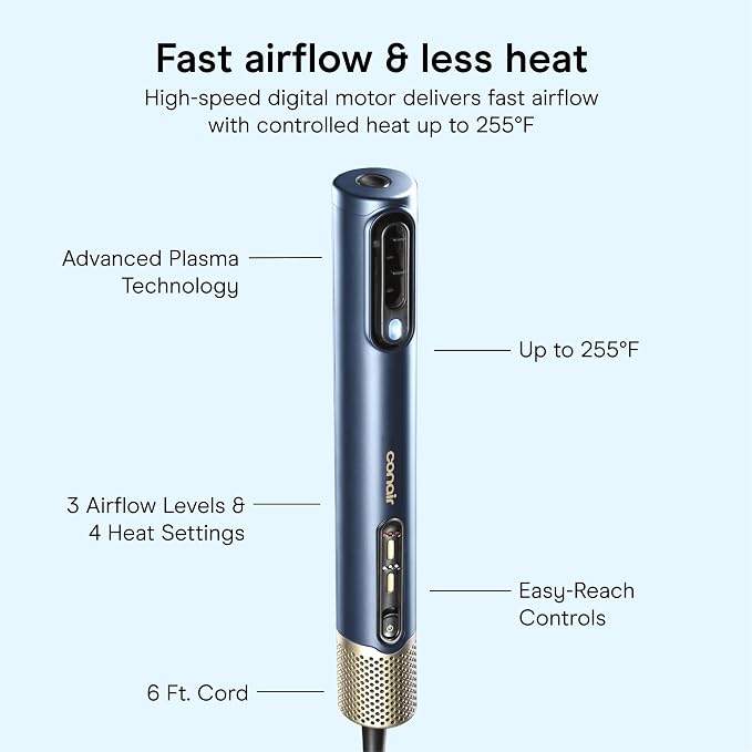 Conair DigitalAire Air Styling System | 4-in-1 Drying and Styling System with 4 Attachments to Detangle, Straighten, Volumize, Dry, Dark Blue, 997L