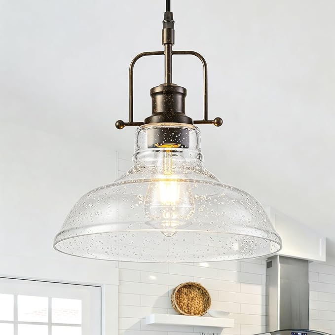 WILON Seeded Glass Pendant Lights,11 Inch Rust-Coloured Pendant Lights Kitchen Island with E26 Base Vintage Hanging Ceiling Lamp for Kitchen Sink Hallway Dining Room Entry Hall