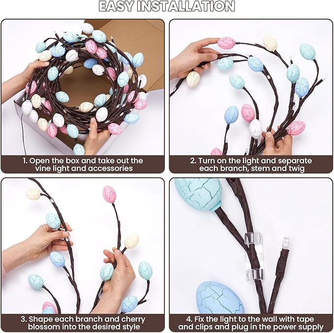 Easter Egg LED Tree Branch Lights for Wall,Easter Egg Willow Vine Twig Decor,USB Interface,with 144 LED Lights and Remote,8 Lighting Modes,for Home,Walls,Doors Windows (90inch)