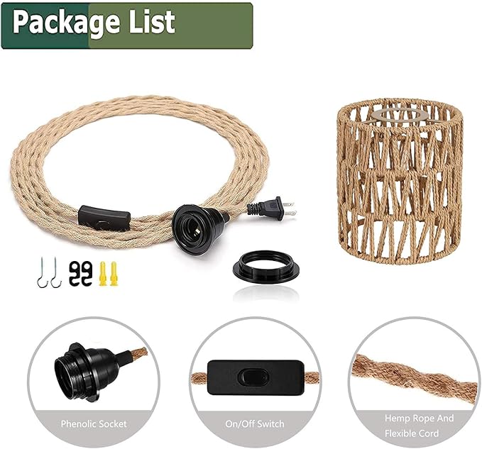 Boho Plug in Pendant Light, Hanging Light with Plug in Cord, Ceiling Lamp Rattan Cylinder Lamp Shade On-Off Switch, Hanging Plant Shelf Shelves Bohemian Decor for Bedroom Living Room Corner
