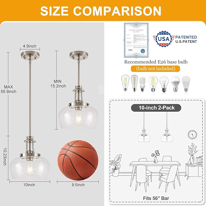 Modern Pendant Lights Kitchen Island, Brushed Nickel Pendant Light Fixtures with 10" Clear Glass Shade, Industrial Hanging Pendant Lights Fixture for Kitchen Island Dining Room Bedroom Foyer Entryway
