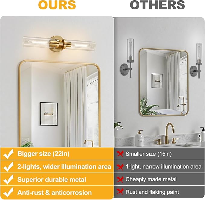 Indoi Brushed Gold Wall Sconces, Hardwired Bathroom Sconces Wall Lighting with Clear Glass, Modern Sconces Wall Light fixtures for Bathroom Mirror Living Room Hallway Bedroom