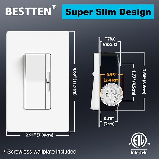 BESTTEN Super Slim Dimmer Light Switch, Quiet Rocker, Single Pole or 3 Way, Max 300W LED/CFL, 600W Incandescent, Screwless Wallplate Included, ETL Listed, White