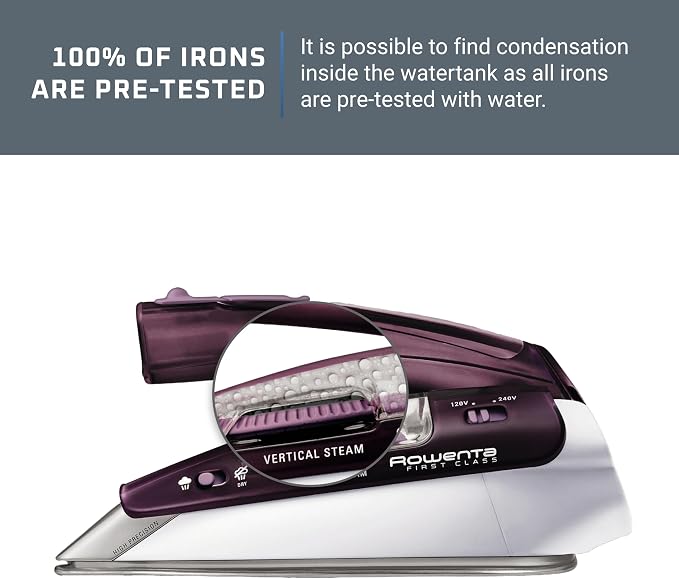 Rowenta Travel Iron, Pro Compact Stainless Steel Soleplate Hand Held Steamer Iron for Clothes, 200 Microsteam Holes, 1000 Watts Ironing, Fabric Steamer, Dual Voltage, Mini Iron, Purple, DA1560