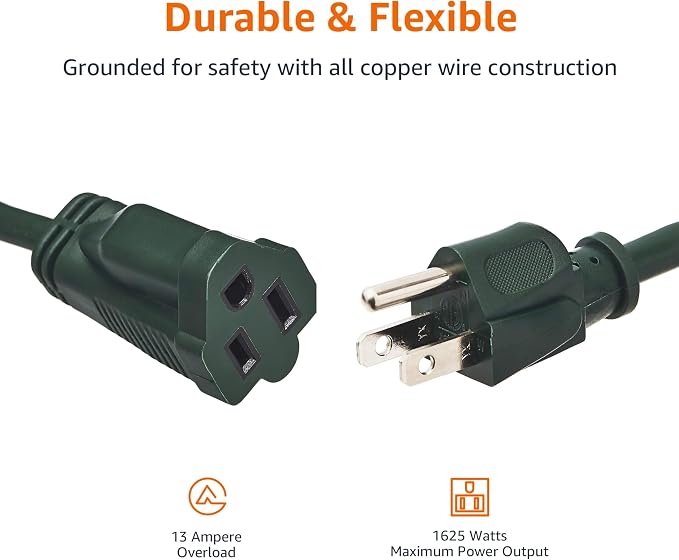 Amazon Basics 50-Foot 3-Prong Indoor/Outdoor Extension Cord, Heavy-Duty, 13 Amps, 1625 Watts, 125 VAC, Green