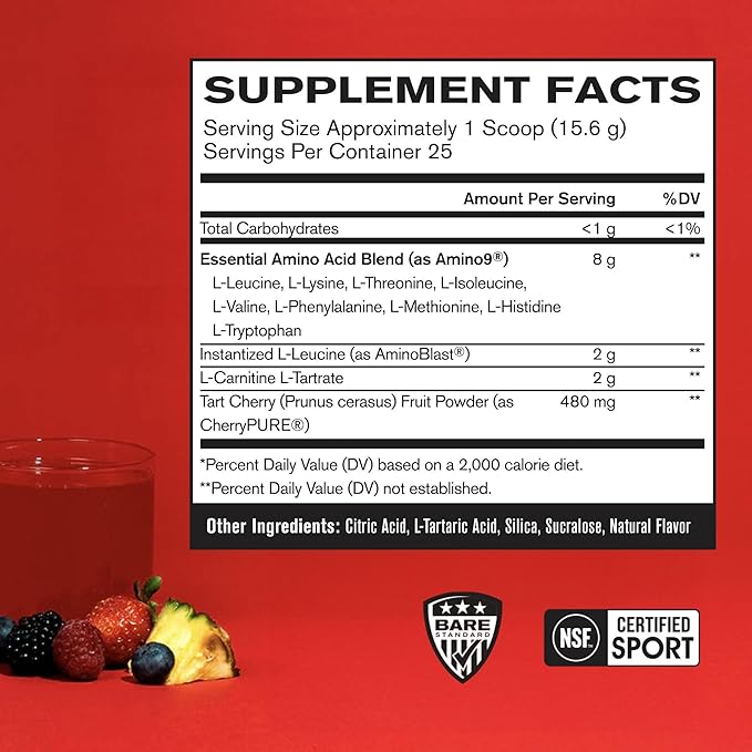 BARE PERFORMANCE NUTRITION BPN Recover Post‑Workout Enhanced Muscle Recovery Drink Mix – Essential Amino Acids with Amino9®, CherryPURE® Tart Cherry & Carnitine, 25 Servings, Fruit Punch