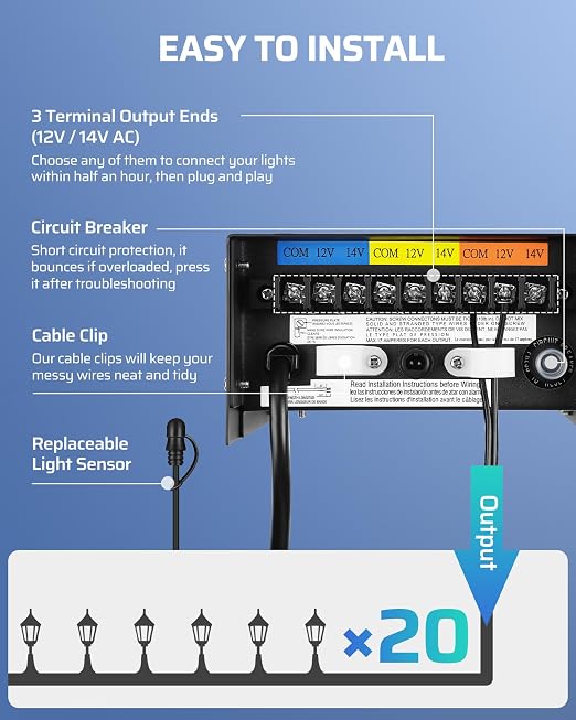 DEWENWILS 200W Low Voltage Transformer with 3 Independent Control Outputs, Landscape Transformer with Timer and Photocell Sensor, 120V AC to 12V/14V AC, Weatherproof, ETL Listed