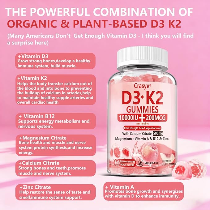 ビタミンD3 K2 グミ 10000 IU ＋ カルシウム500mg マグネシウム 亜鉛 グミ シュガーフリー ADK + ビタミンB12 サプリメント 女性と男性向け 骨、筋肉、歯に ピーチ風味 - 60グミ - 30食分