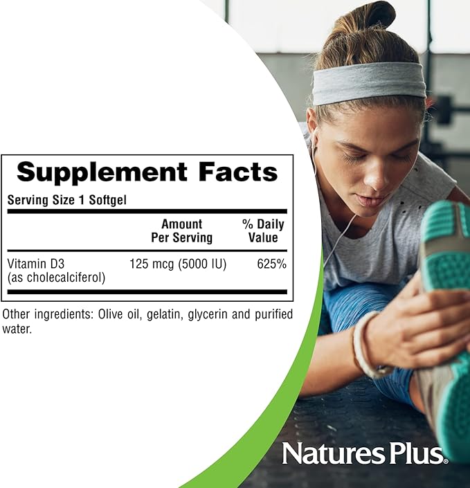 NaturesPlus Vitamine D3 5000 UI - 60 Gélules - Soutien osseux et immunitaire - 60 Portions