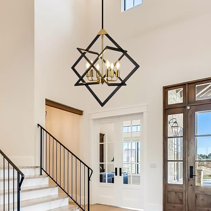 24" Modern Black and Gold Chandelier, No Assembly Required 6-Light Dining Room Light Fixture Over Table, Industrial Metal Hanging Pendant Lights Fixture for Kitchen Island, Entryway, Foyer