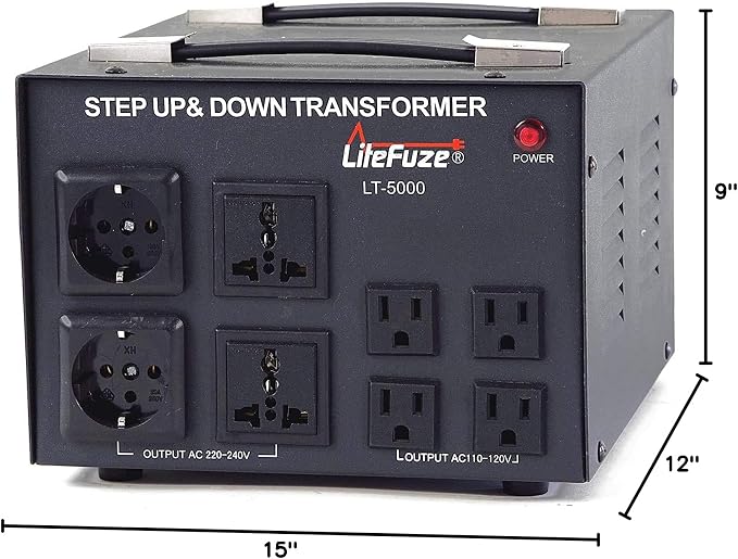 LiteFuze LT Series 5000 Watt Voltage Converter Transformer Step Up/Down - 110v to 220v / 220v to 110v Power Converter - Fully Grounded Cord - Universal Socket, CE Certified