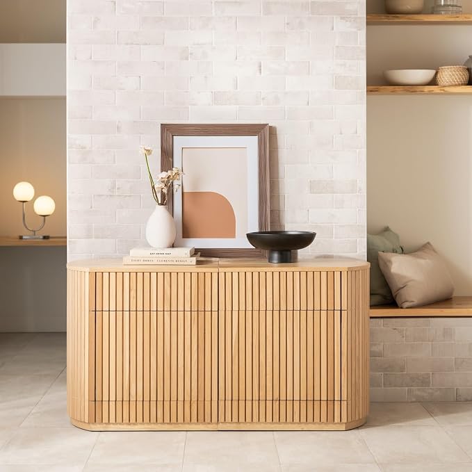 Transformer Table Round Sideboard Buffet Cabinet, Natural | Hidden Drawers, Wood Storage Cabinet, Solid Wood, Integrated Table Panel Storage