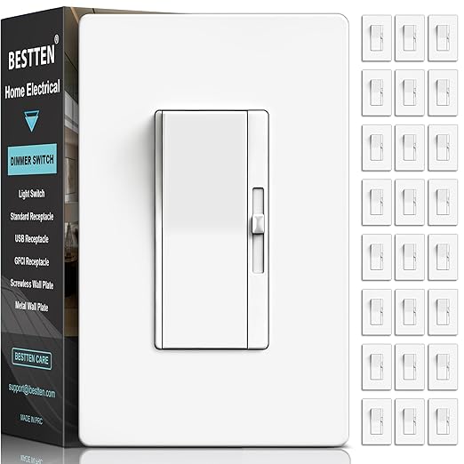 BESTTEN 24 Pack Super Slim Dimmer Light Switch, Single Pole or 3 Way, Max 300W LED/CFL, 600W Incandescent, Quiet Rocker, Screwless Wallplate Included, ETL Listed, White
