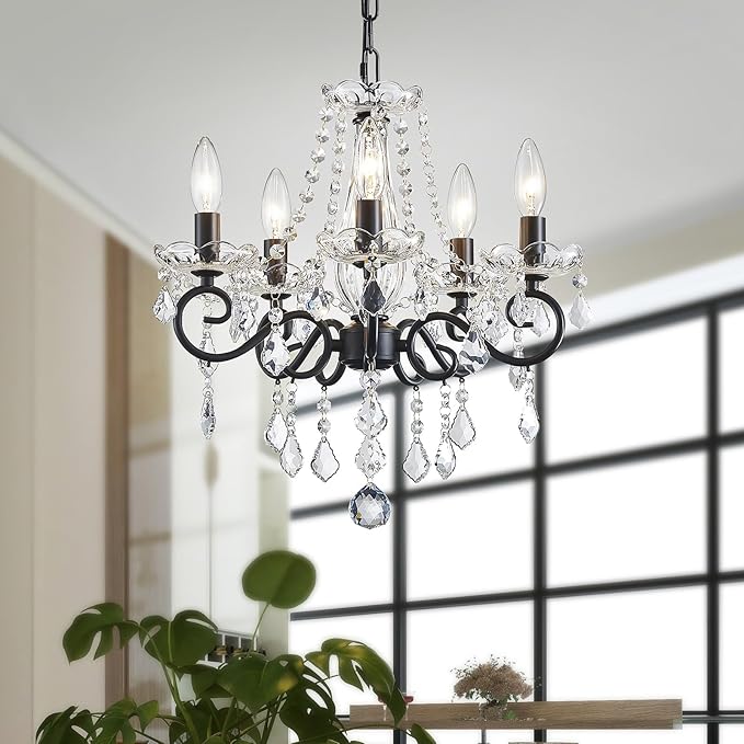 ANJIADENGSHI Small Crystal Chandelier, Modern Black Chandelier Dining Room Light Fixture, Mini Crystal Pendant Light for Bedroom Ceiling Light Fixture for Living Room Entryway Kitchen Island Hallway