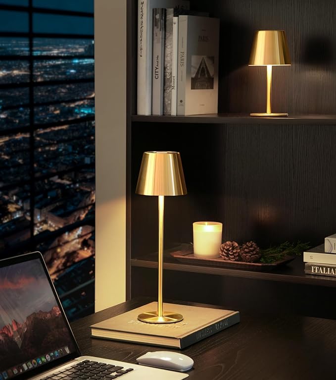 Cordless Table Lamp, Portable Battery Operated Lamp with 3 Color Temps and Stepless Dimming, Rechargeable Table Lamp for Dinner, Desk, Cafe, Outdoor (Brushed Gold)