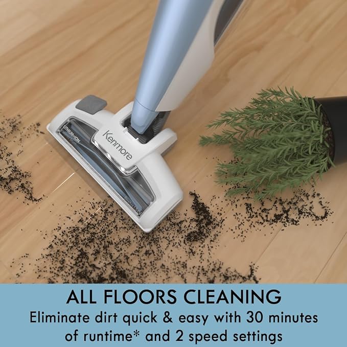Kenmore DS1020 16V Cordless Stick Vacuum Lightweight 2-in-1 Handheld, LED Headlight with 2-Speed Power Control for Hardwood Floor, Carpet & Pet Hair, Gray-Blue