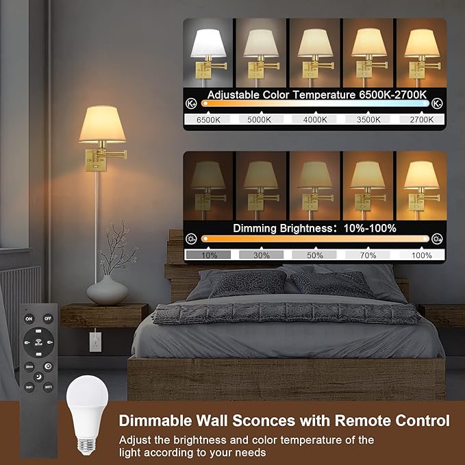 TRLIFE Dimmable Wall Sconce, Remote Control Dimming 10-100% and Adjustable Color Temperature 2700K-6500K Brushed Brass Swing Arm Wall Lights with Plug in Cord, 9.4" Medium White Shade(2 Pack, 2 Bulbs)