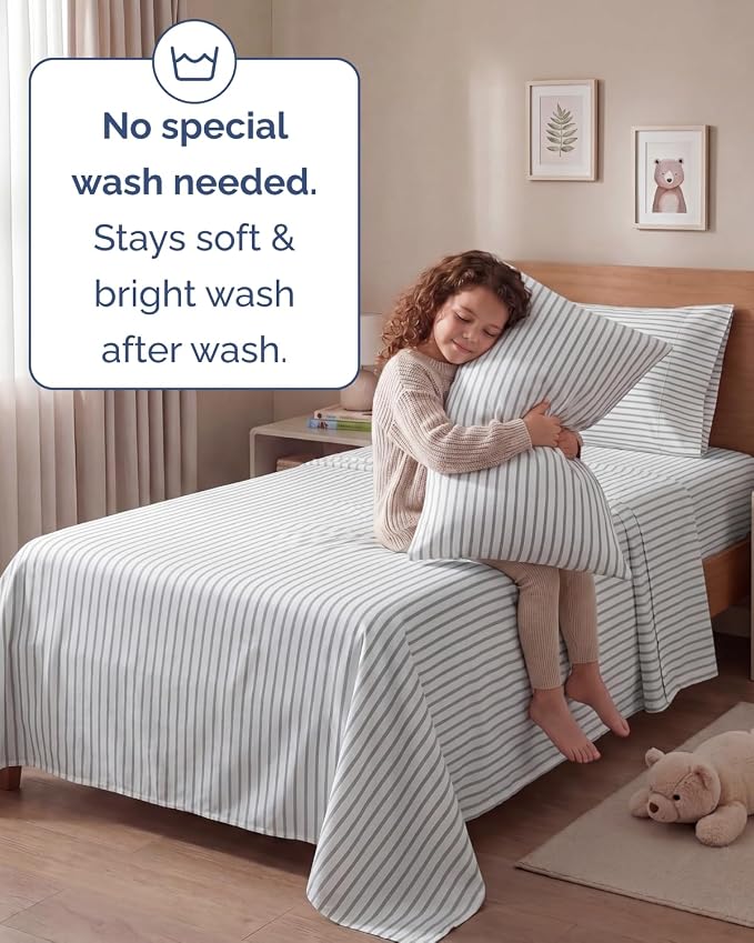 Twin 4 Piece Sheet Set - Comfy Breathable & Cooling - Soft Hotel Luxury Bedding Set with 8-16 Inch Deep Pockets - 1 Flat & 1 Fitted Sheet & 2 Pillowcases - Wrinkle Free & Easy Care - Grey Stripes 2