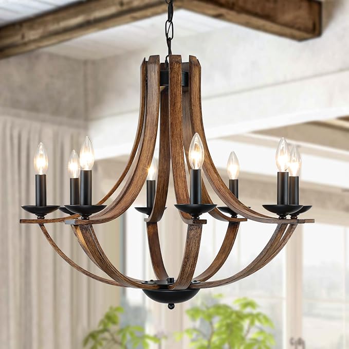 LAMPKEDUO Rustic Farmhouse Dining Room Chandelier Light Fixture, 8-Light 28" Adjustable Chandelier for Kitchen Island, Living Room, Foyer, Staircase, Restaurant, Showroom, Villa, Faux Walnut