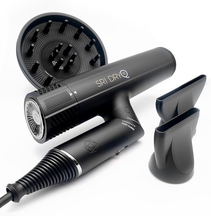 SRILabs DryQ ‘Smart’ Hair Dryer – Super Lightweight, Foldable – Powerful, Quiet Motor – Infrared & Ionic Technology – 3 Magnetic Attachments – Heat Control with Locking Switch