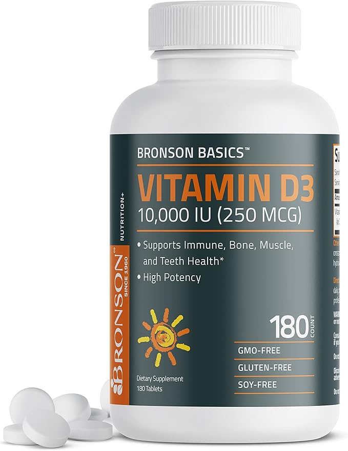 Bronson ビタミンD3 10,000 IU (250 MCG) 健やかな筋肉機能と免疫をサポート、非遺伝子組み換え、180粒